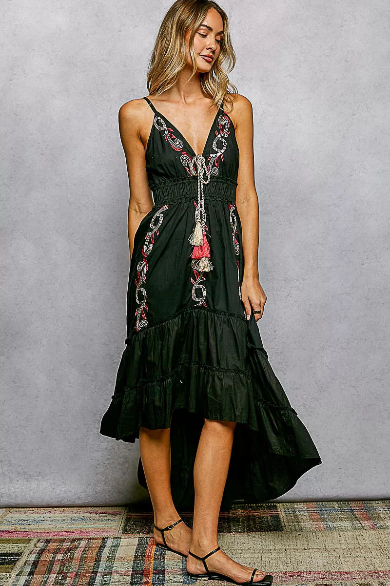 Trendsi POL embroidered tassel tie smocked waist midi tiered cami dress with embroidered details and tassel accents, sleeveless design