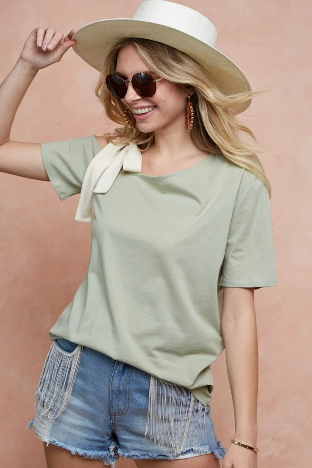 Trendsi BiBi tied ribbon one-shoulder short sleeve T-shirt with a stylish design and relaxed fit, featuring a tied ribbon detail on the shoulder.
