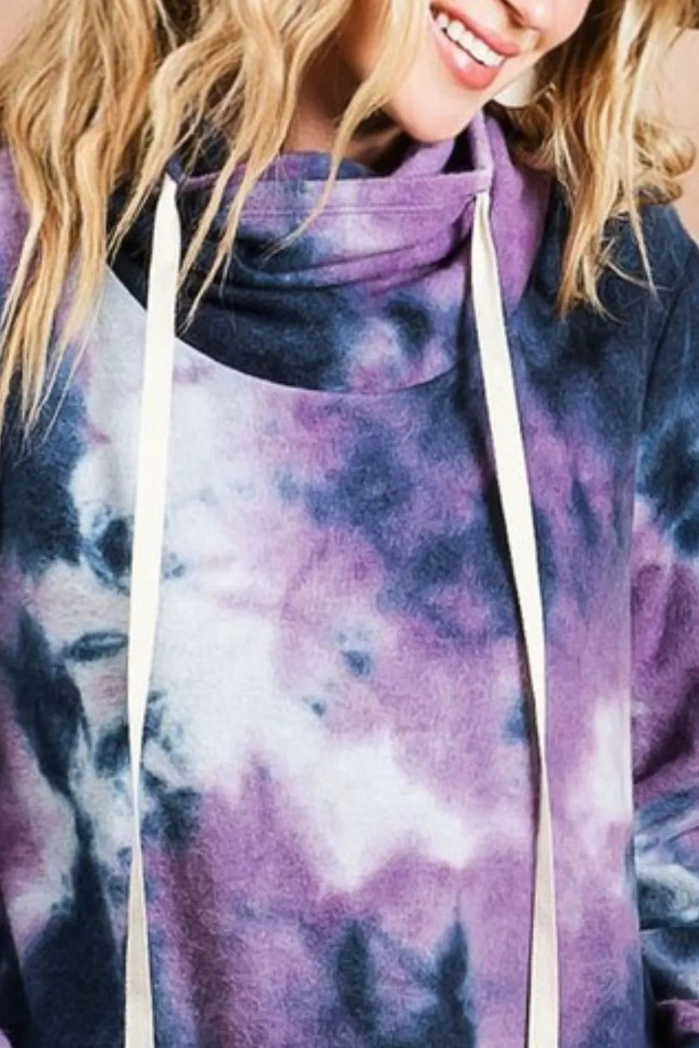 BiBi brushed tie-dye overlapped turtle neck sweatshirt from Trendsi with a cozy, stylish design and vibrant tie-dye pattern.