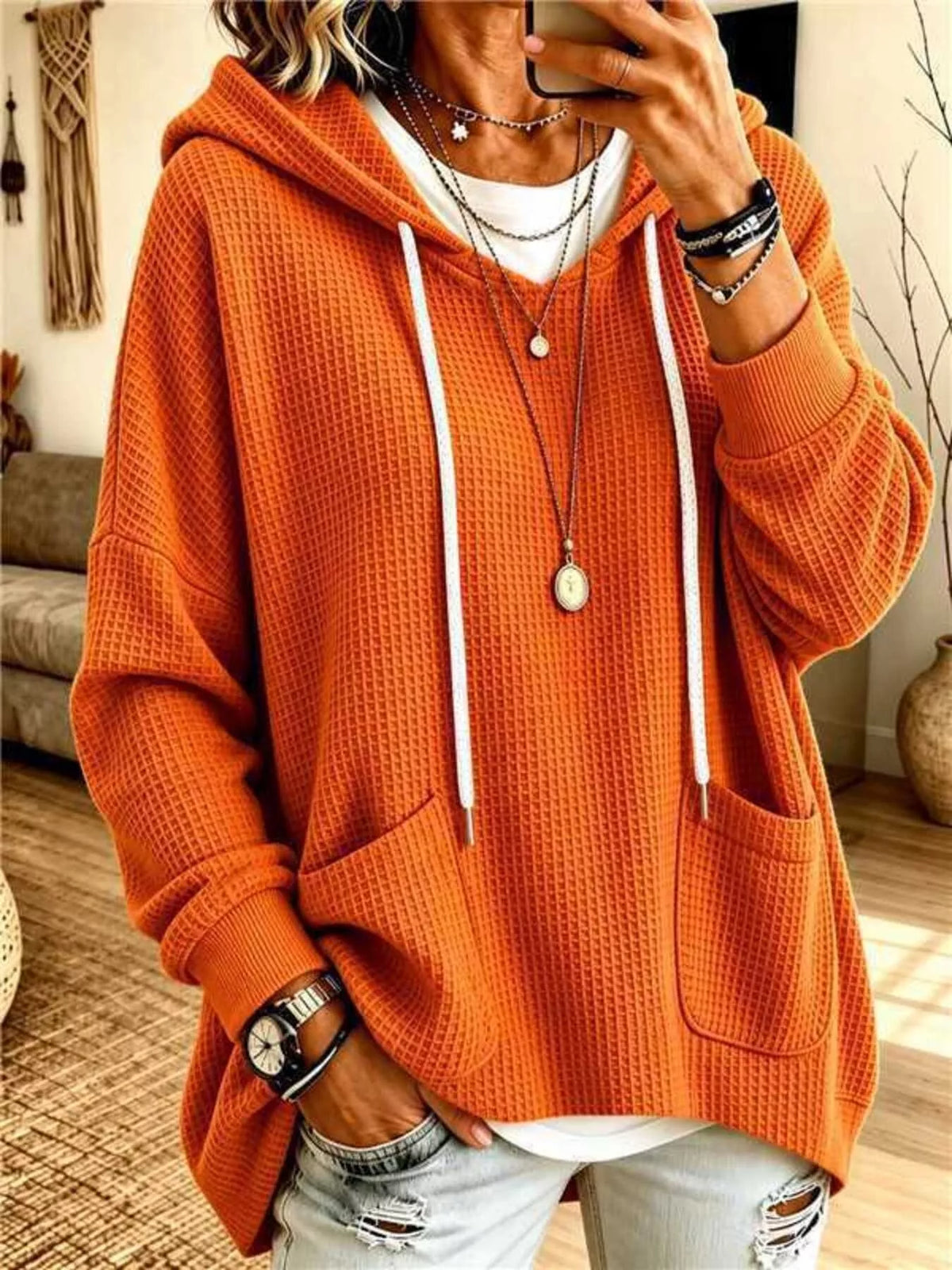 Plus size waffle knit long sleeve drawstring hoodie