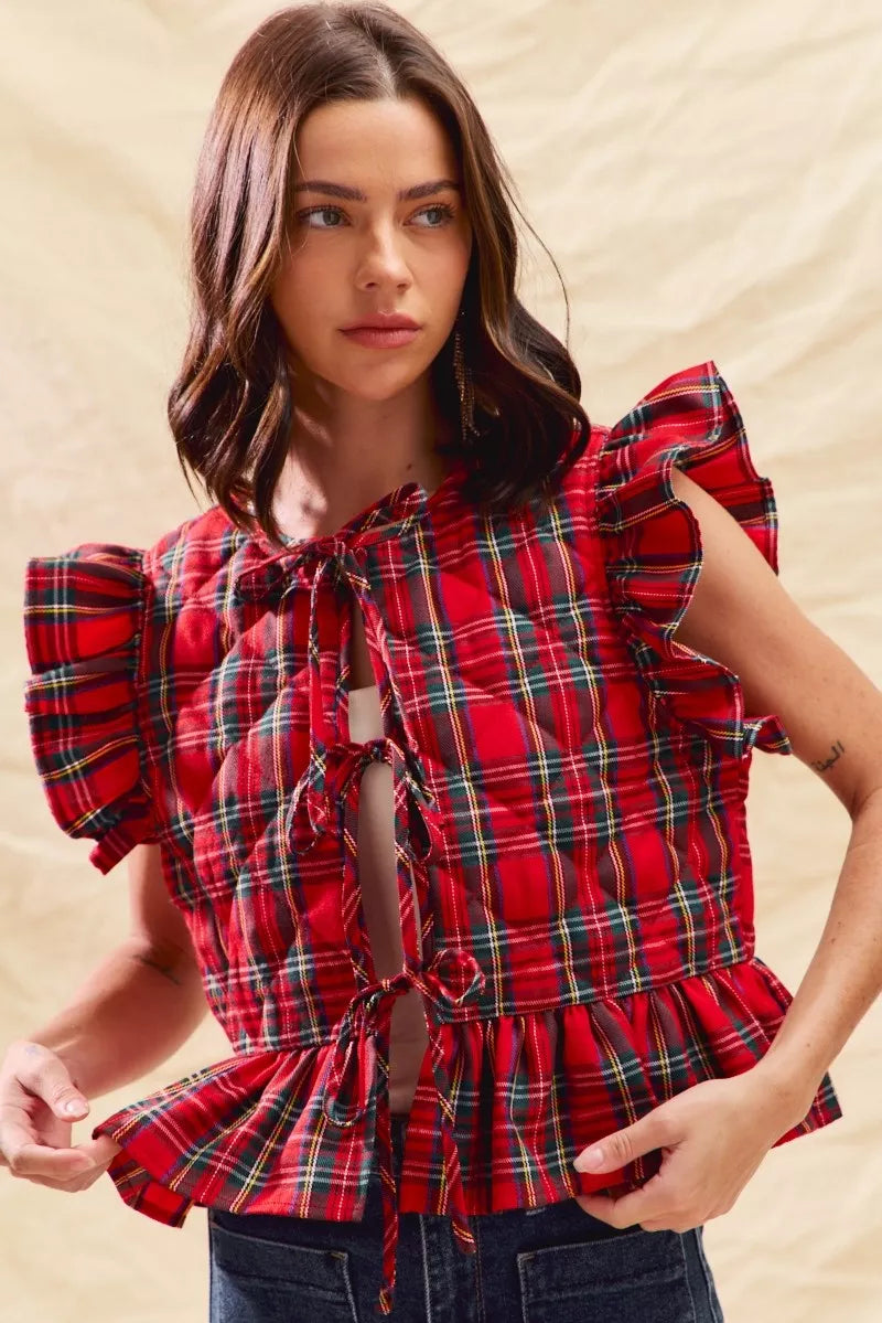 Red plaid ruffled quilted Christmas vest top, view 5