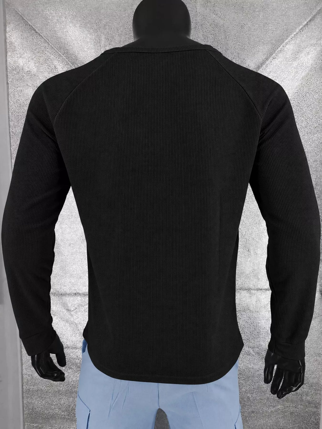 Men's full size waffle knit Henley long sleeve T-shirt by Trendsi, featuring a cozy, textured fabric in a versatile style.