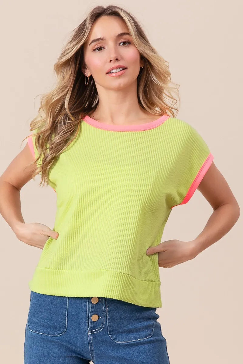 Rib knit contrast banded BiBi Cord top by Trendsi featuring a fitted silhouette and textured fabric in a casual style.