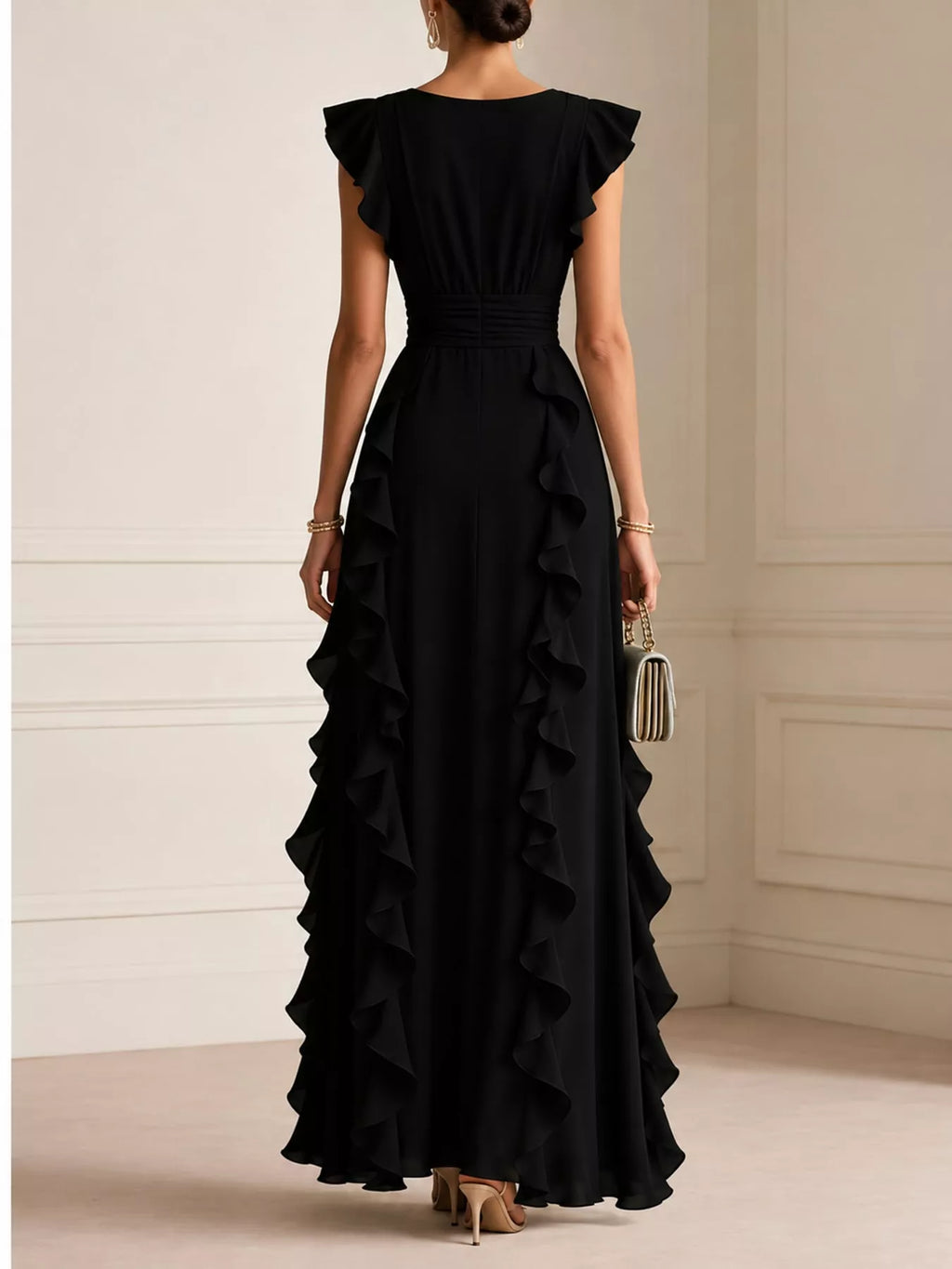 Sleeveless ruffled surplice maxi dress by Trendsi featuring flowy fabric and a flattering V-neck design.