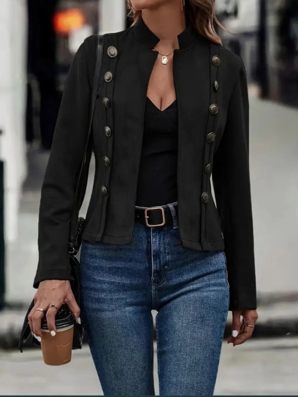 Open-front long sleeve jacket with decorative buttons, view 8