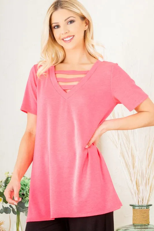 Plus size Heimish V-neck short sleeve T-shirt with bar detail, stylish and comfortable for casual wear.