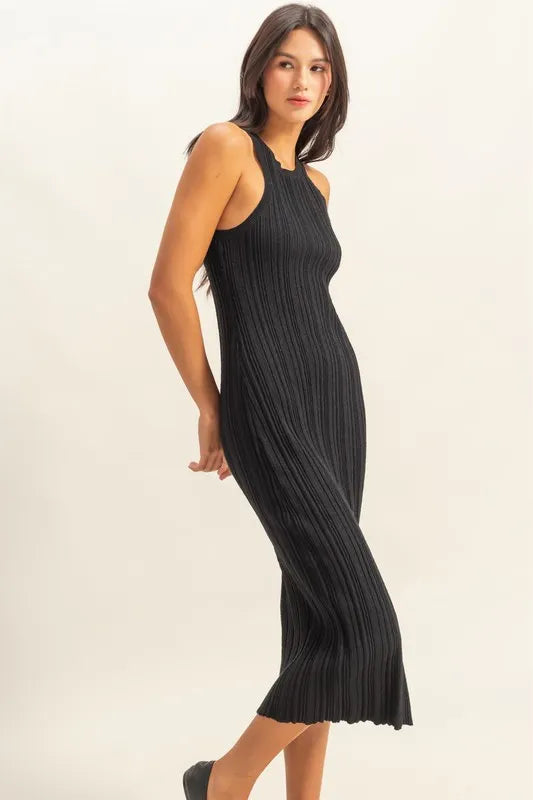 Trendsi HYFVE ribbed knit bodycon dress with round neckline, close-fitting design, in a stylish ribbed fabric.