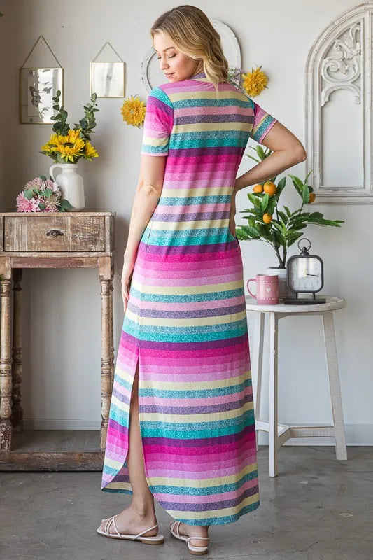 Heimish plus size striped short sleeve maxi tee dress by Trendsi, featuring a relaxed fit and bold horizontal stripes.