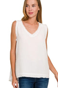 Zenana double gauze raw edge V-neck tank top with sleeveless design, soft and lightweight fabric, casual casual style.
