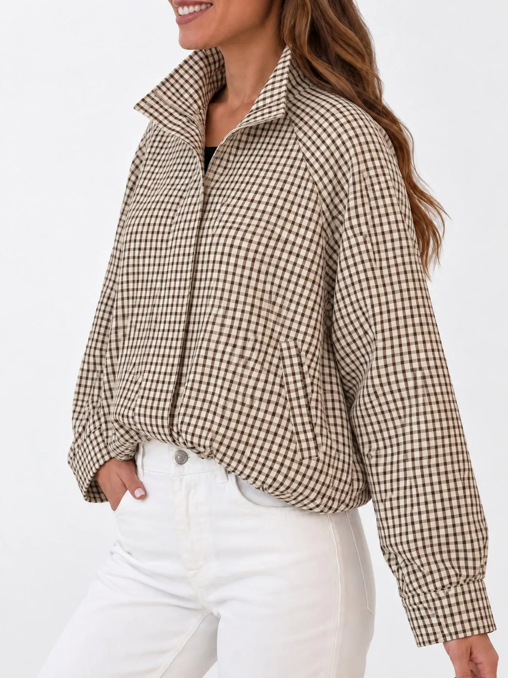 Plaid stand collar cropped jacket, view 10