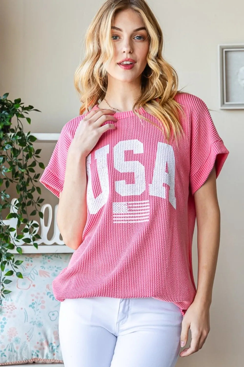 Heimish full size USA graphic short sleeve ribbed top featuring a bold American flag design and fitted ribbed fabric.