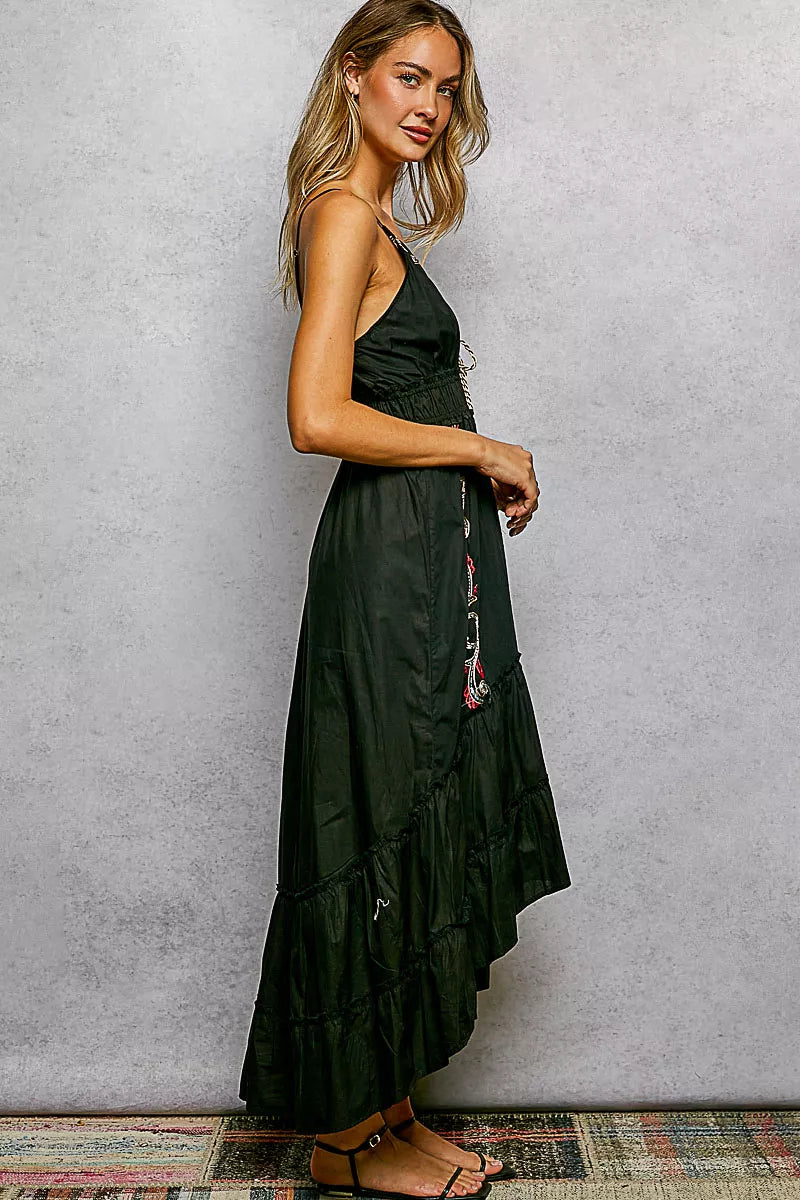 Trendsi POL embroidered detail tassel tie smocked waist midi tiered cami dress with embroidered accents and tassel embellishments.