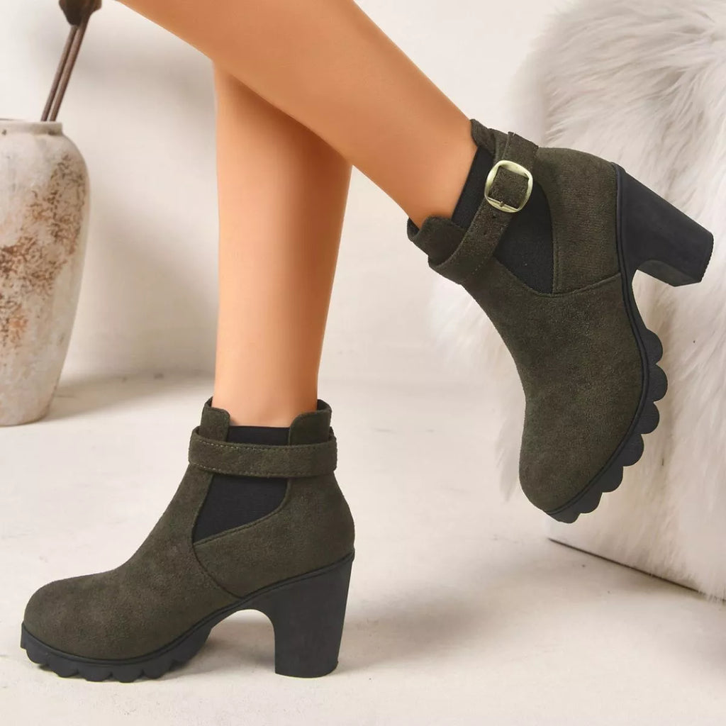 Round toe suede high block heel boots, view 7