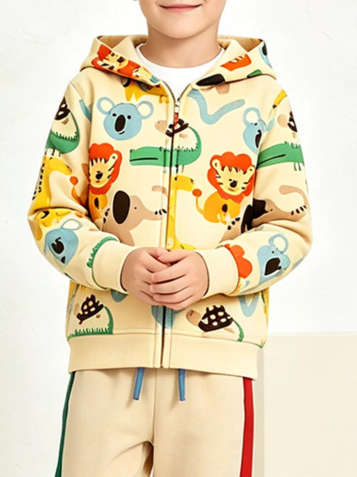 Kids' pastel yellow cartoon animal print zip-up hoodie and pants set, view 3