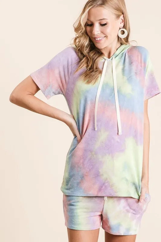 BiBi Tie Dye French Terry hoodie and jogger set by Trendsi, featuring colorful tie dye pattern and comfortable casual fit.