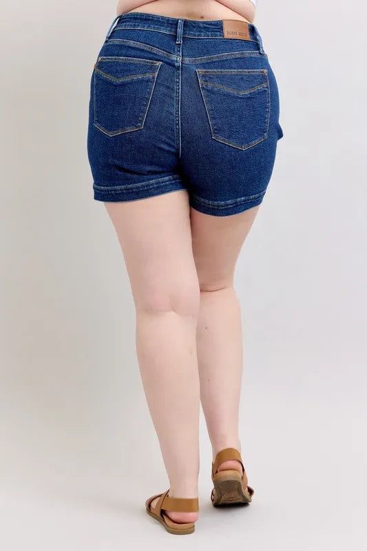 Plus size Judy Blue high waist tummy control denim shorts, full length, featuring classic blue denim and a flattering fit.