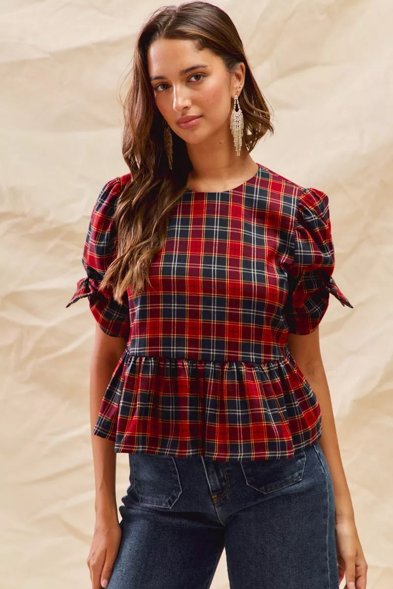 Red Christmas plaid ribbon short sleeve top, view 9