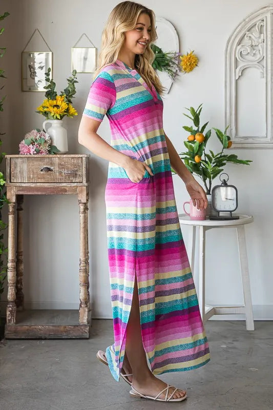 Heimish full size striped short sleeve maxi tee dress in plus size, featuring a relaxed fit and bold horizontal stripe pattern.
