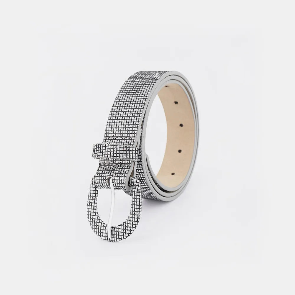 Shiny black sequin PU leather belt with silver buckle from Trendsi, designed for stylish waist accessories.