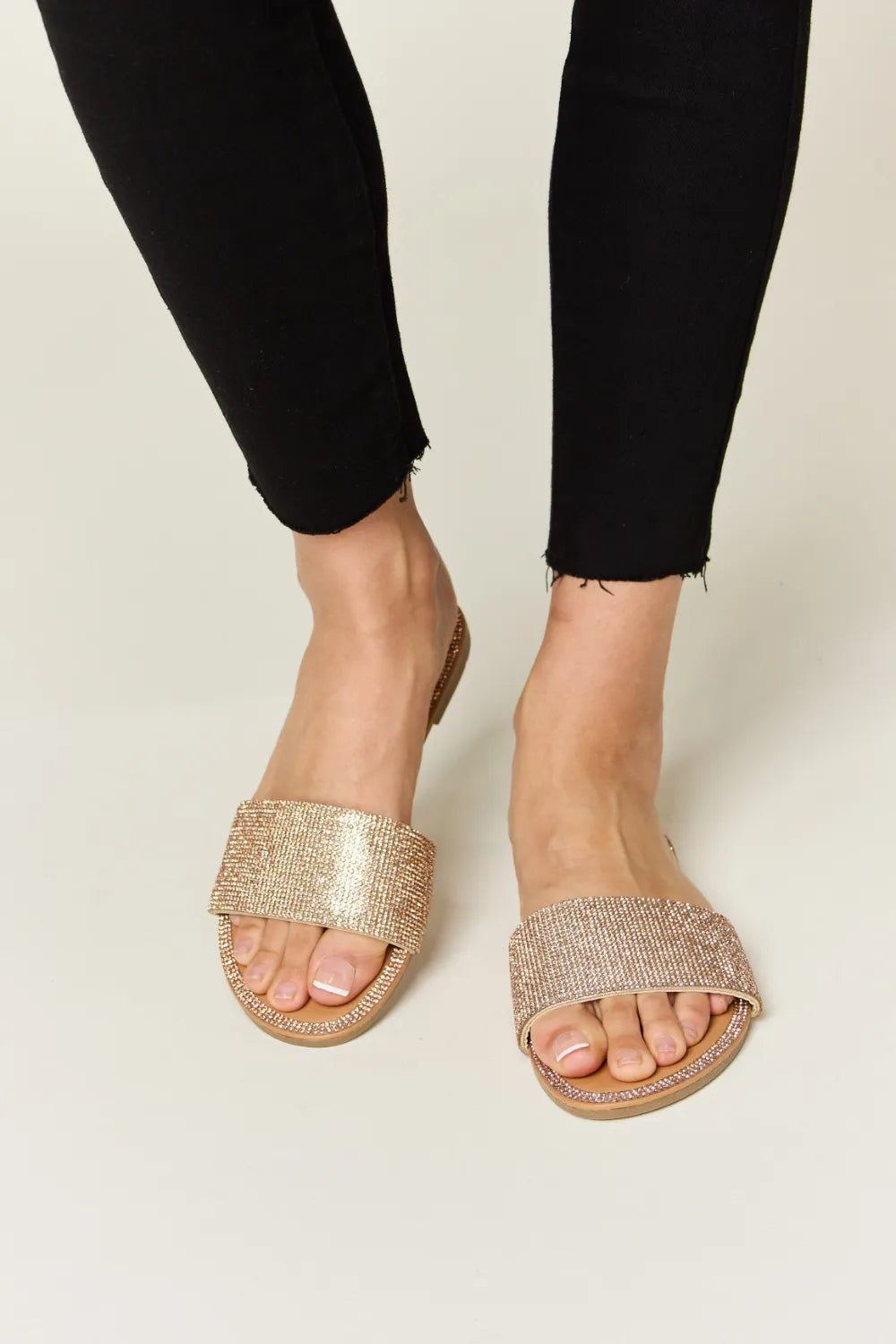 Wild Diva Rhinestone open toe flat sandals with sparkling rhinestones and a strappy design, perfect for summer casual wear.