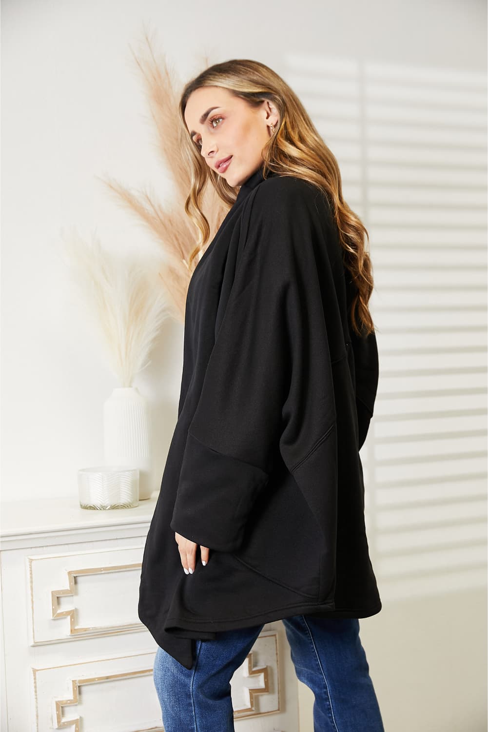 Trendsi HEYSON full size open front cardigan with scarf design, featuring a cozy knit texture and relaxed fit.