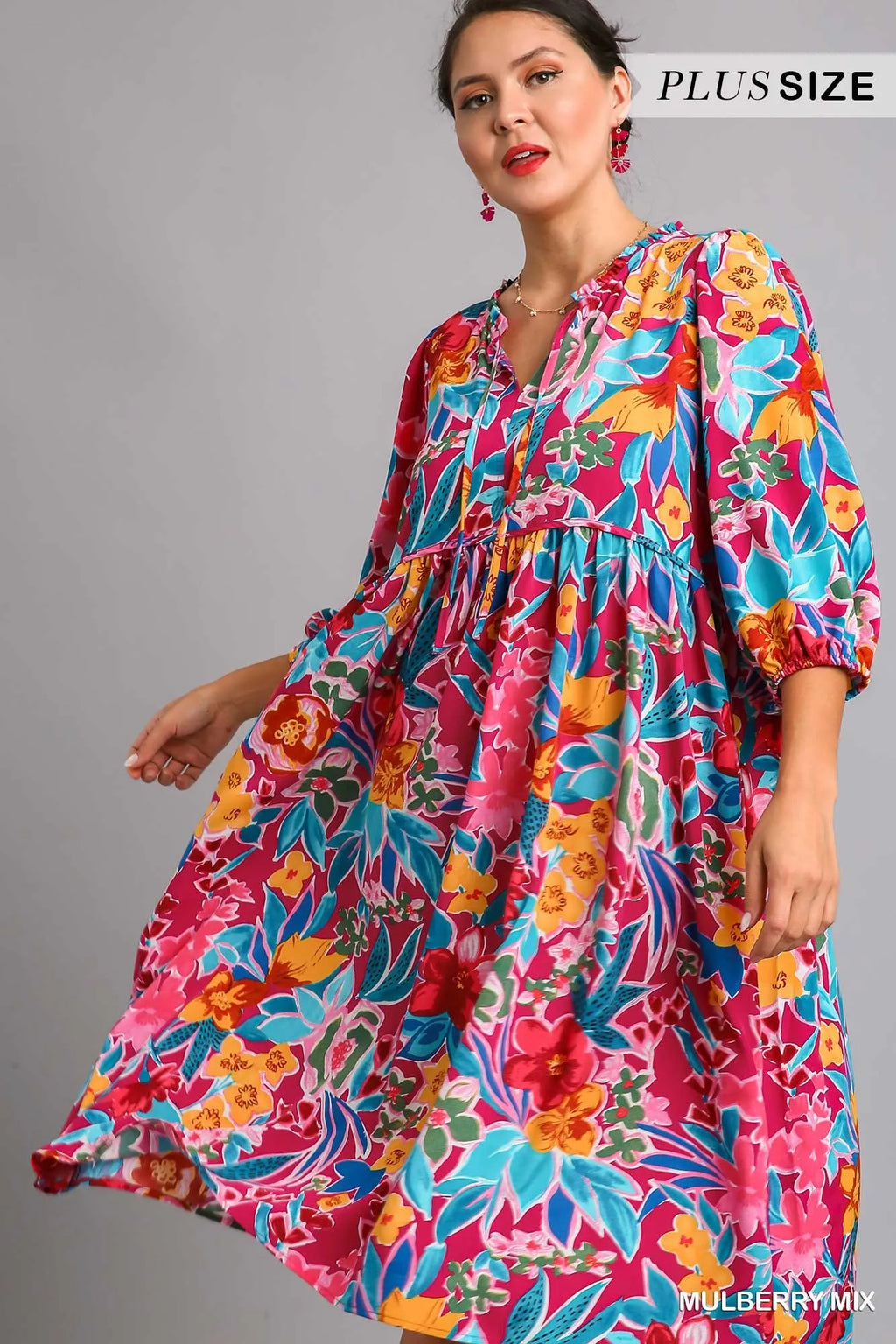 Plus size floral print tie neck midi dress with pockets by Umgee, featuring a full-length design and feminine style.