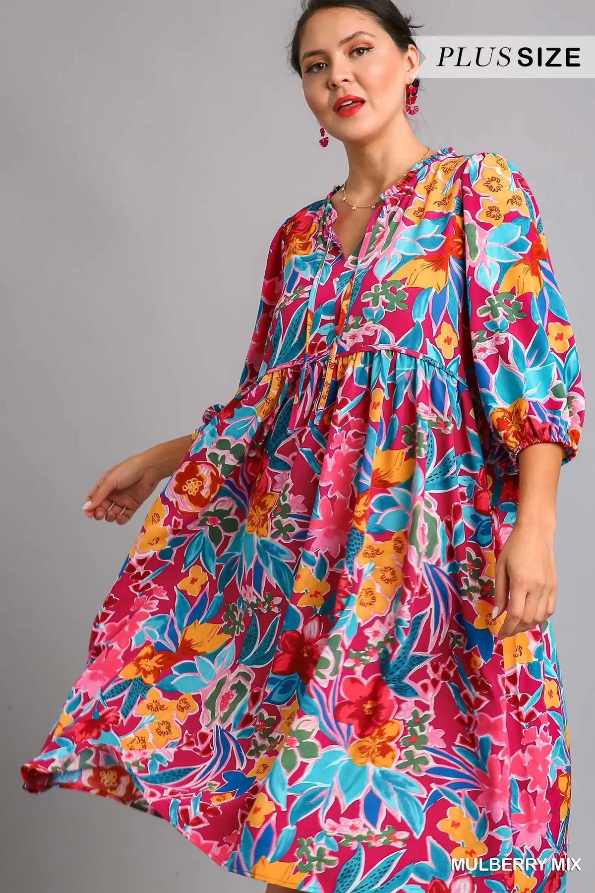 Plus size floral print tie neck midi dress with pockets by Umgee, featuring a full-length design and feminine style.