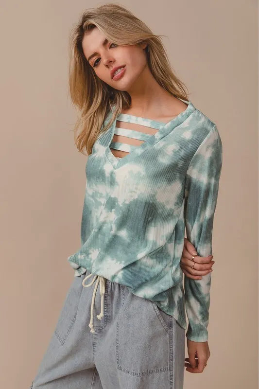 BiBi variegated tie dye rib V-neck top with straps, trendy and colorful, from Trendsi, showcasing the vibrant pattern and relaxed fit.