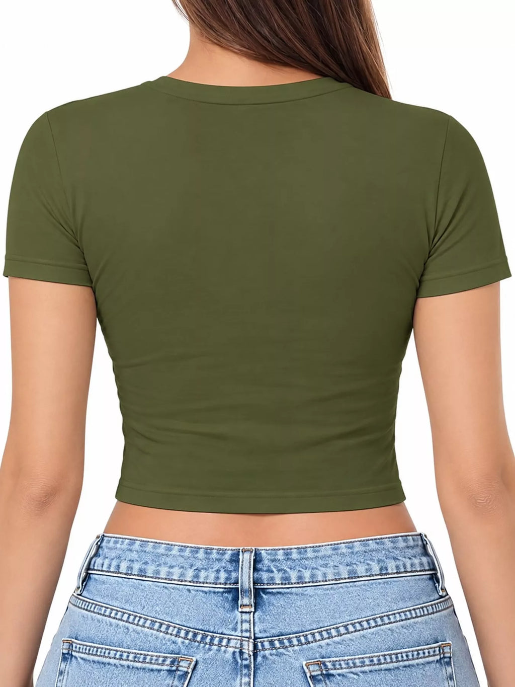 Slim fit basic crew neck short sleeve crop T-shirt by Trendsi, showing a close-up of the white, fitted t-shirt on a plain background.