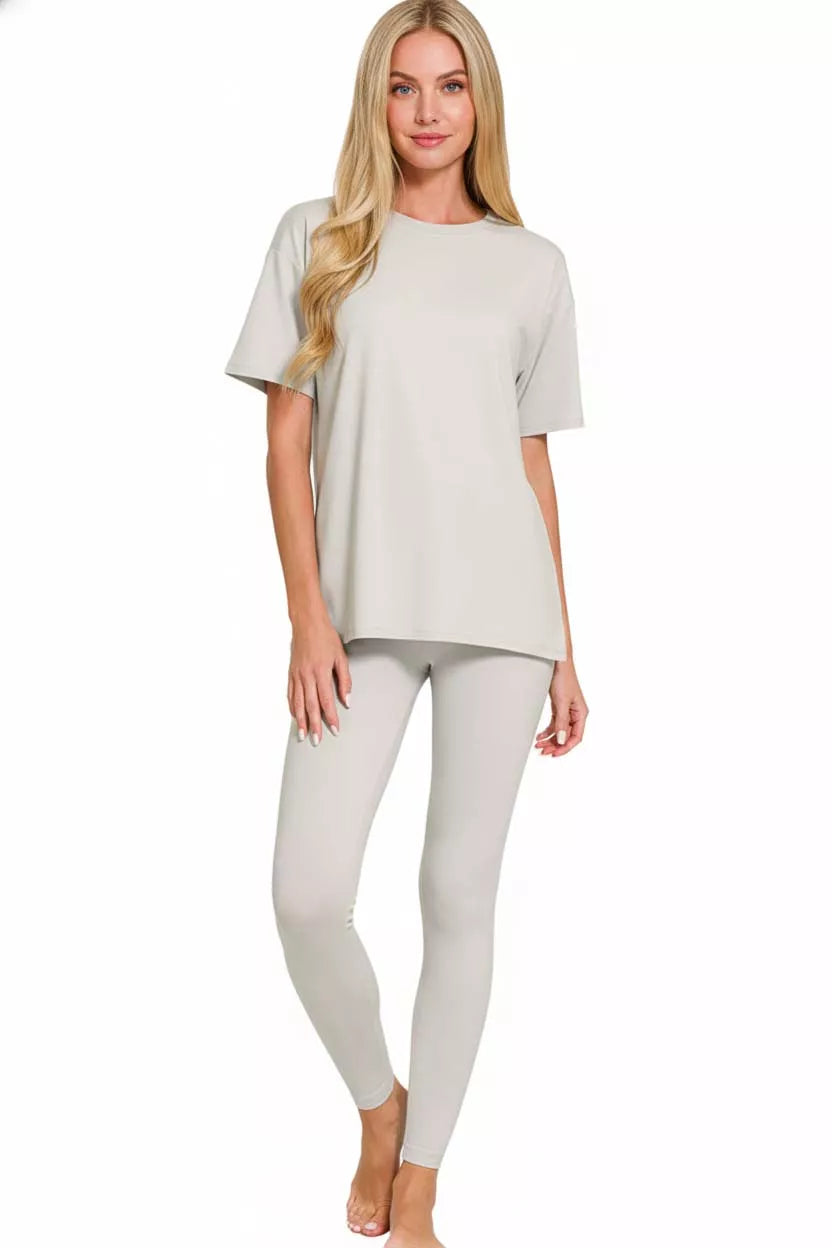 Zenana brushed microfiber short sleeve top and pants loungewear set, soft and comfortable sleepwear from Trendsi.