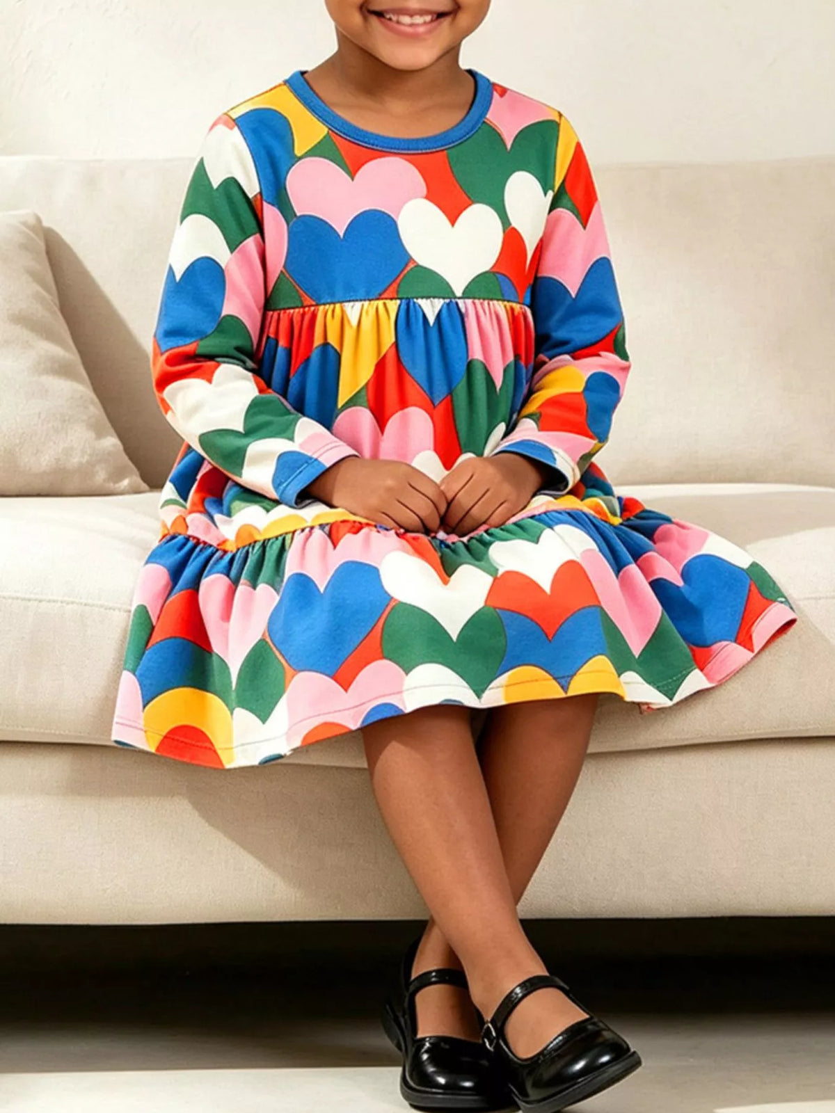 Children's long sleeve casual dress with heart print and tiered design by Trendsi, featuring a soft fabric and cheerful pattern.