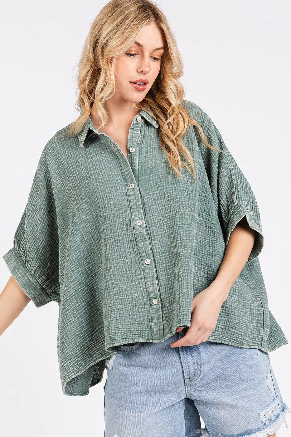 Mineroshop Mineral Wash Gauze Dolman Sleeve Button Down Shirt by Trendsi, soft textured fabric with relaxed fit and button details.