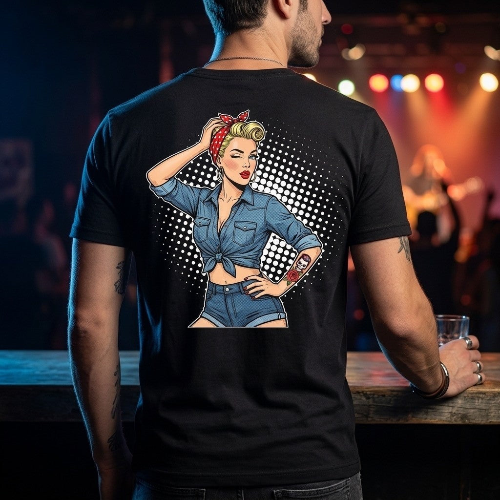 Vintage-inspired pin-up graphic T-shirt detail for casual styling