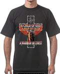 Warrior of Faith black graphic T-shirt with knight, sword, wings and Christian faith design